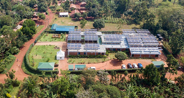 An aerial view of the Kyabirwa Surgical Centre, constructed in 2019, situated near the Nile River