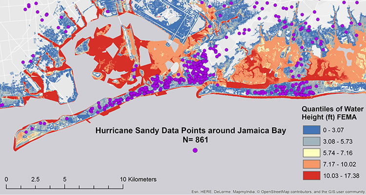 Photo map of Jamaica Bay and Rockaway Peninsula with data points