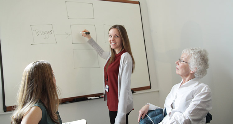 Woman writes on whiteboard as two others look on